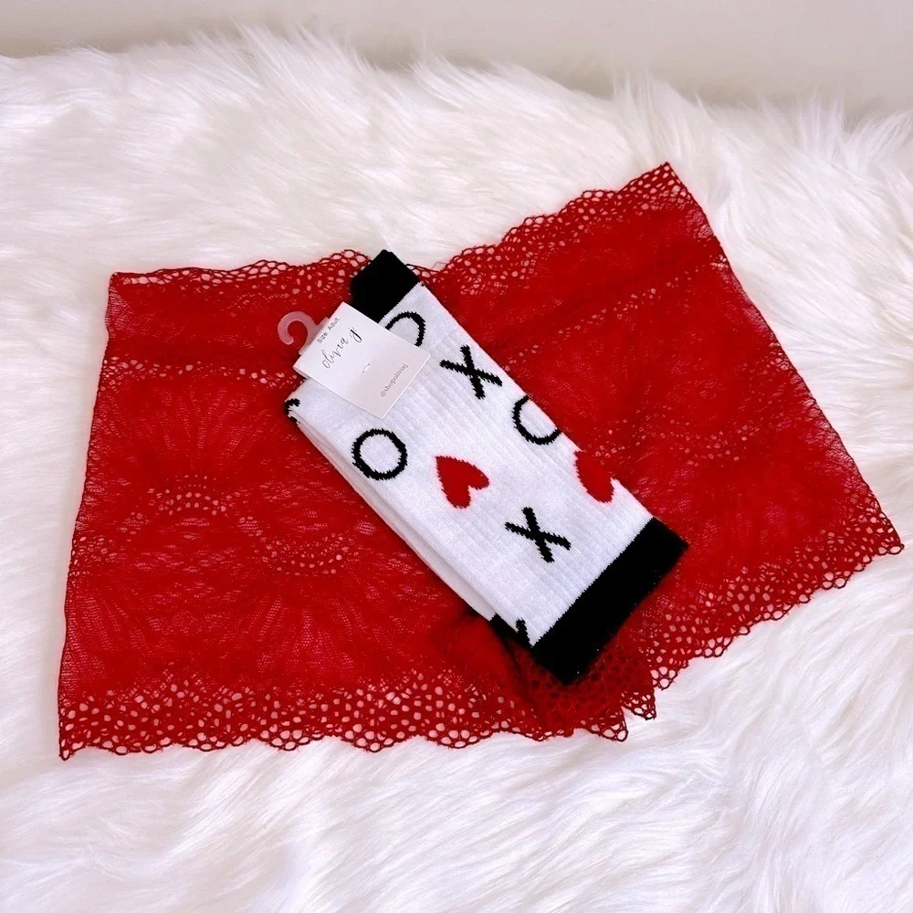 BUNDLE - BootayBag Red Flower Boyshort Panties Size Small + White XOXO Socks